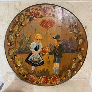 Vintage Wooden Wall Plaque 16" Hand Painted Folk Art Erinnerungen Heidi England